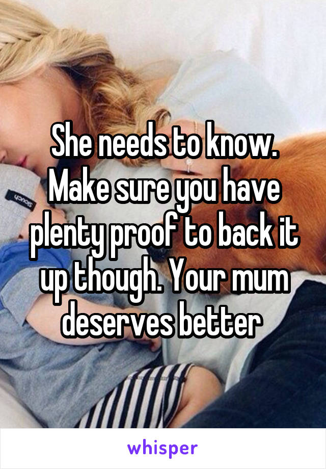 She needs to know. Make sure you have plenty proof to back it up though. Your mum deserves better 