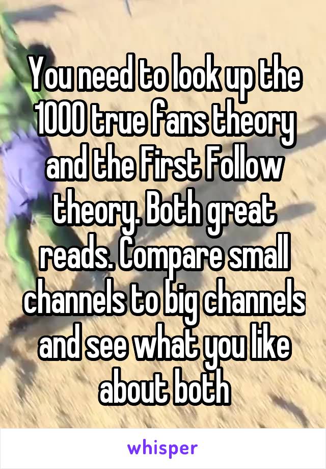 You need to look up the 1000 true fans theory and the First Follow theory. Both great reads. Compare small channels to big channels and see what you like about both