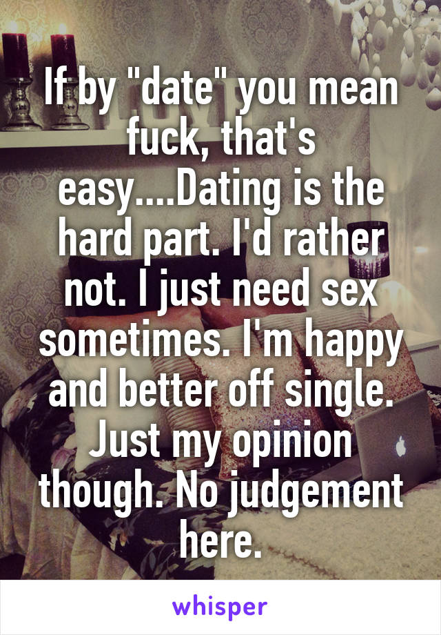 If by "date" you mean fuck, that's easy....Dating is the hard part. I'd rather not. I just need sex sometimes. I'm happy and better off single. Just my opinion though. No judgement here.