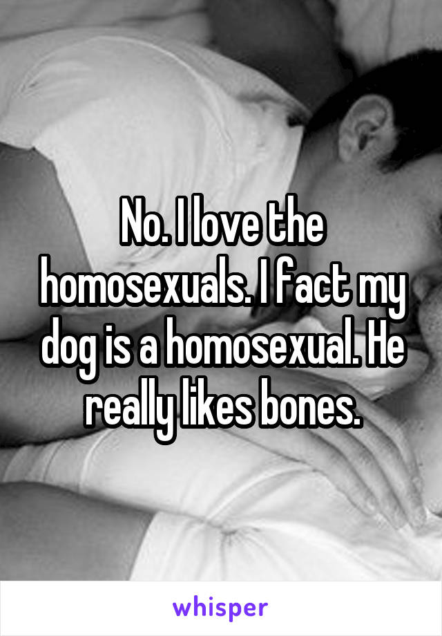 No. I love the homosexuals. I fact my dog is a homosexual. He really likes bones.