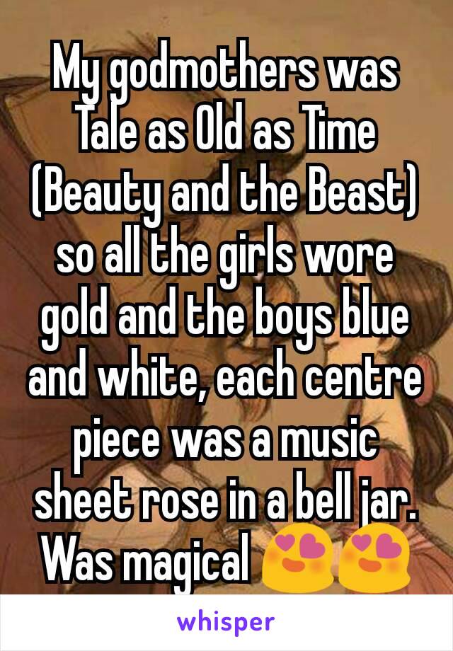 My godmothers was Tale as Old as Time (Beauty and the Beast) so all the girls wore gold and the boys blue and white, each centre piece was a music sheet rose in a bell jar. Was magical 😍😍