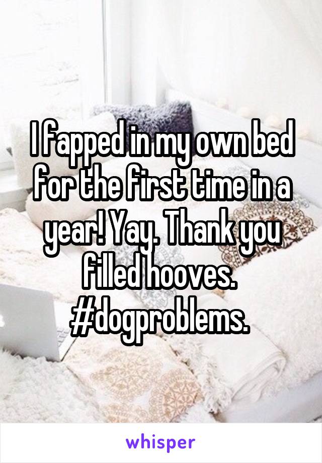 I fapped in my own bed for the first time in a year! Yay. Thank you filled hooves. 
#dogproblems. 