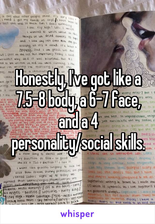 Honestly, I've got like a 7.5-8 body, a 6-7 face, and a 4 personality/social skills.