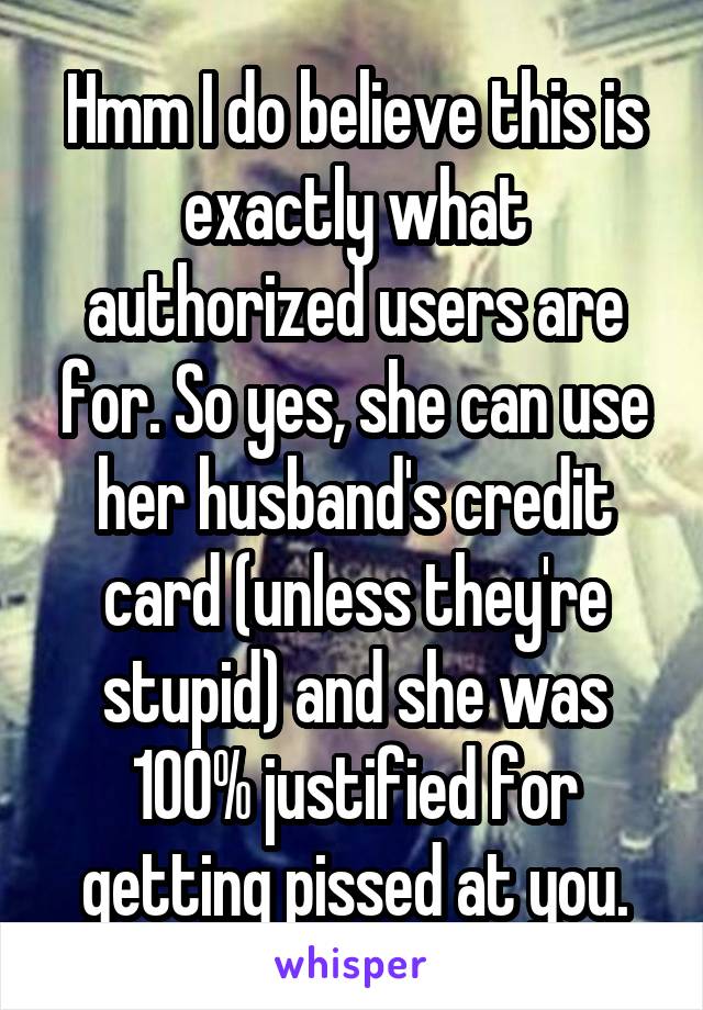 Hmm I do believe this is exactly what authorized users are for. So yes, she can use her husband's credit card (unless they're stupid) and she was 100% justified for getting pissed at you.