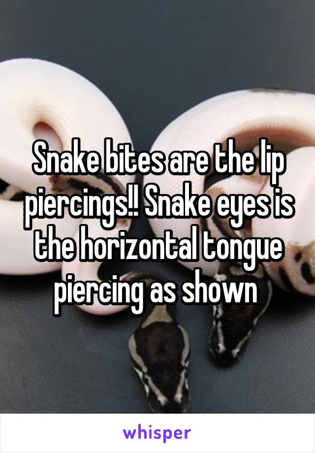 Snake bites are the lip piercings!! Snake eyes is the horizontal tongue piercing as shown 
