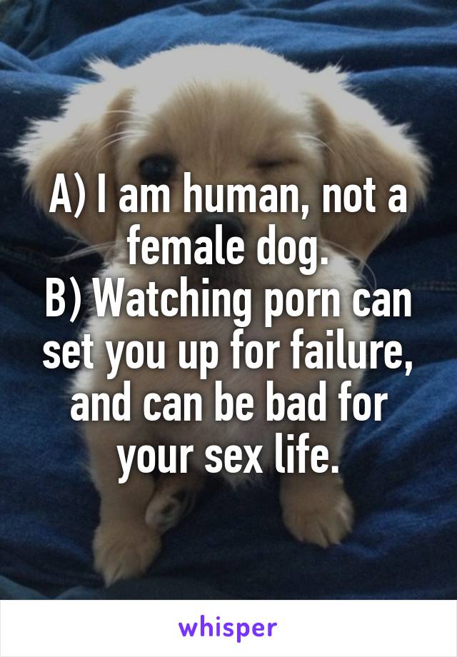 A) I am human, not a female dog.
B) Watching porn can set you up for failure, and can be bad for your sex life.