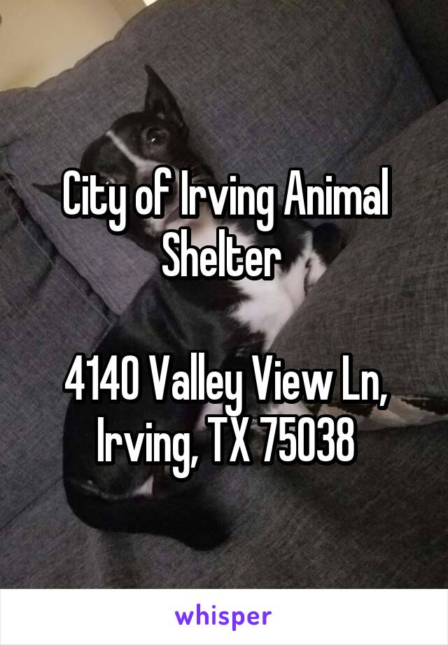 City of Irving Animal Shelter 

4140 Valley View Ln, Irving, TX 75038