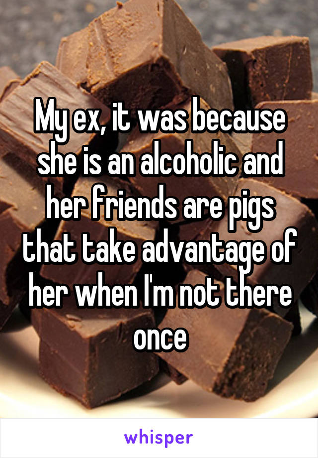 My ex, it was because she is an alcoholic and her friends are pigs that take advantage of her when I'm not there once
