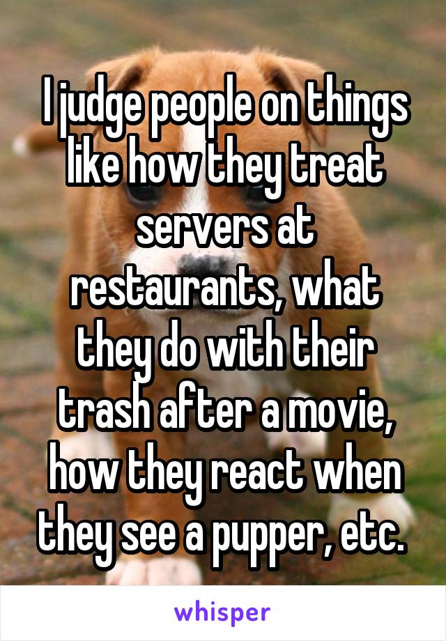 I judge people on things like how they treat servers at restaurants, what they do with their trash after a movie, how they react when they see a pupper, etc. 