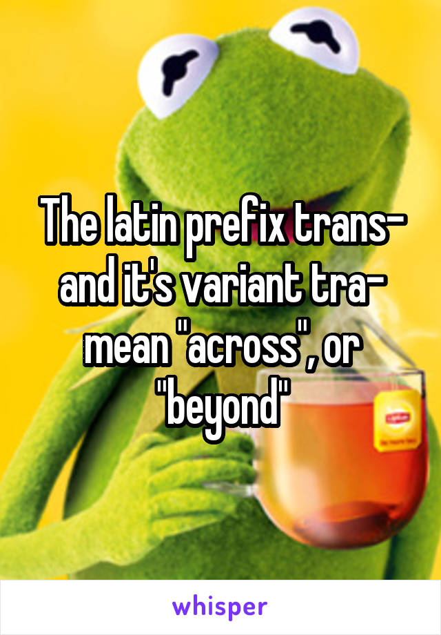 The latin prefix trans- and it's variant tra- mean "across", or "beyond"