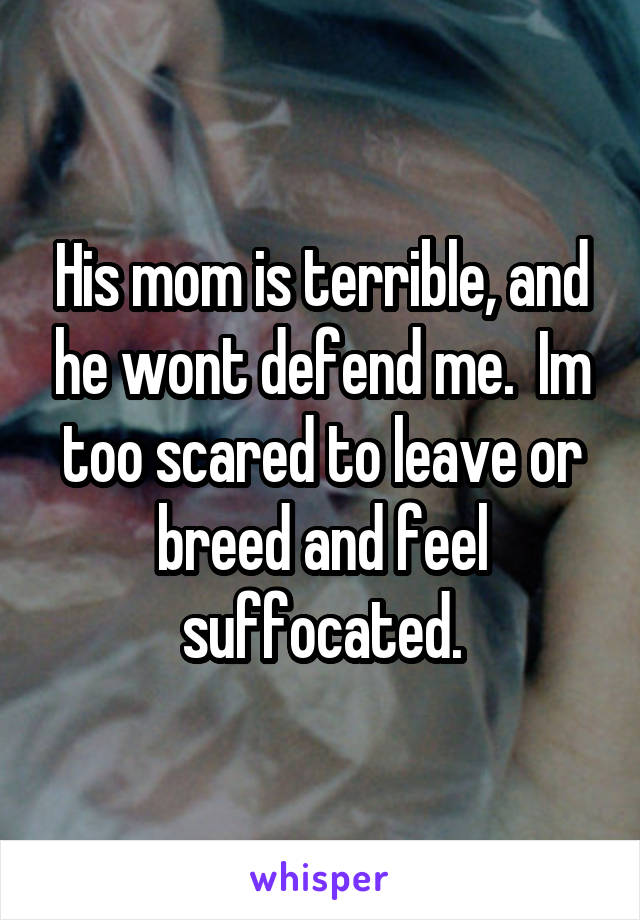 His mom is terrible, and he wont defend me.  Im too scared to leave or breed and feel suffocated.