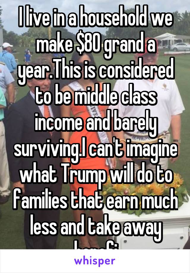 I live in a household we make $80 grand a year.This is considered to be middle class income and barely surviving.I can't imagine what Trump will do to families that earn much less and take away benefi