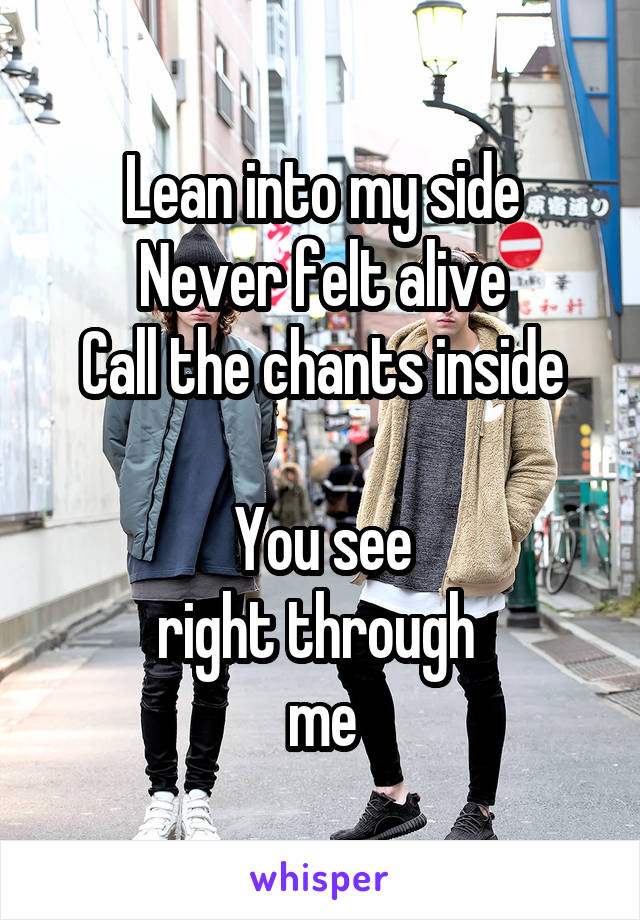 Lean into my side
Never felt alive
Call the chants inside

You see
right through 
me