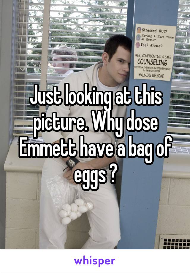 Just looking at this picture. Why dose Emmett have a bag of eggs ?