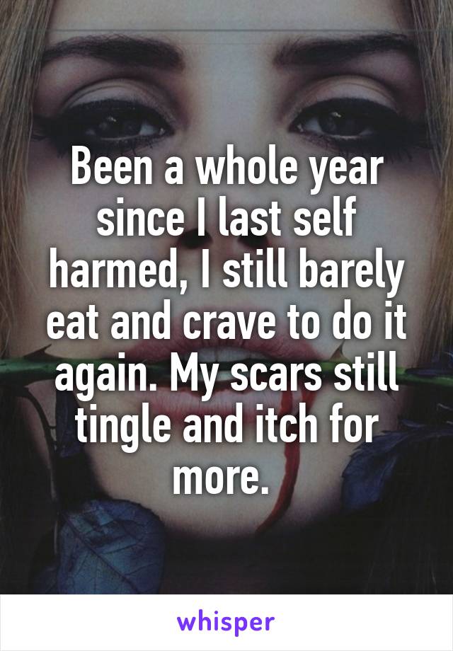 Been a whole year since I last self harmed, I still barely eat and crave to do it again. My scars still tingle and itch for more. 