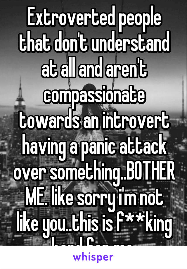 Extroverted people that don't understand at all and aren't compassionate towards an introvert having a panic attack over something..BOTHER ME. like sorry i'm not like you..this is f**king hard for me 