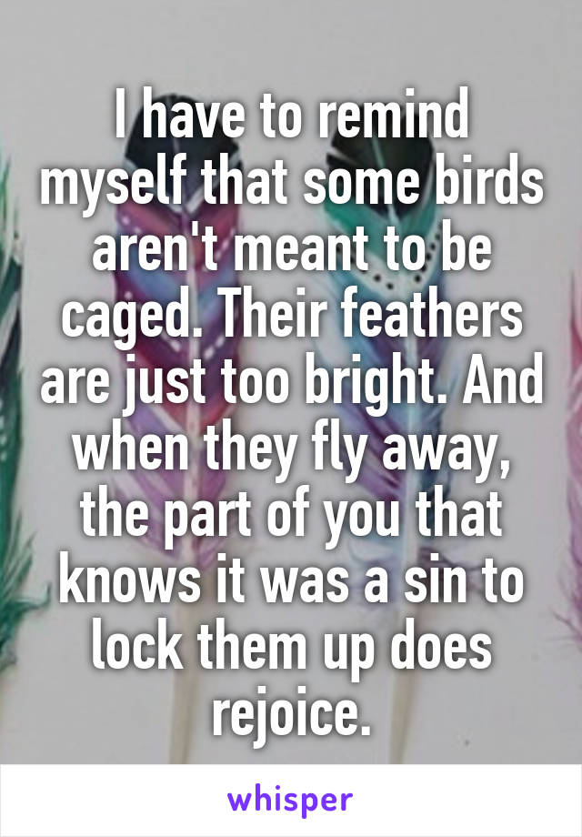 I have to remind myself that some birds aren't meant to be caged. Their feathers are just too bright. And when they fly away, the part of you that knows it was a sin to lock them up does rejoice.