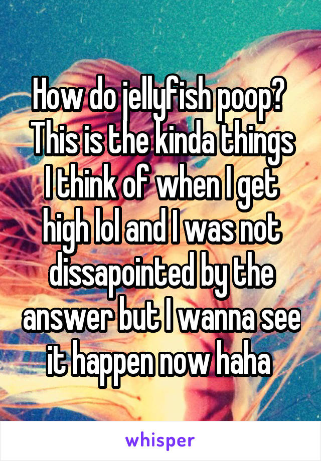 How do jellyfish poop? 
This is the kinda things I think of when I get high lol and I was not dissapointed by the answer but I wanna see it happen now haha 