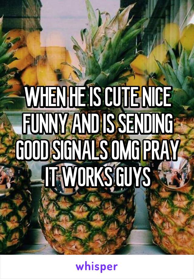 WHEN HE IS CUTE NICE FUNNY AND IS SENDING GOOD SIGNALS OMG PRAY IT WORKS GUYS