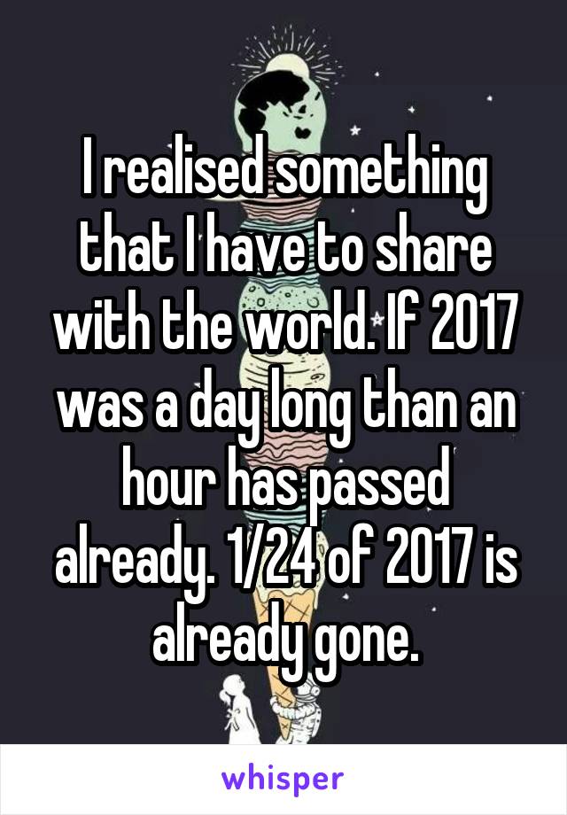 I realised something that I have to share with the world. If 2017 was a day long than an hour has passed already. 1/24 of 2017 is already gone.