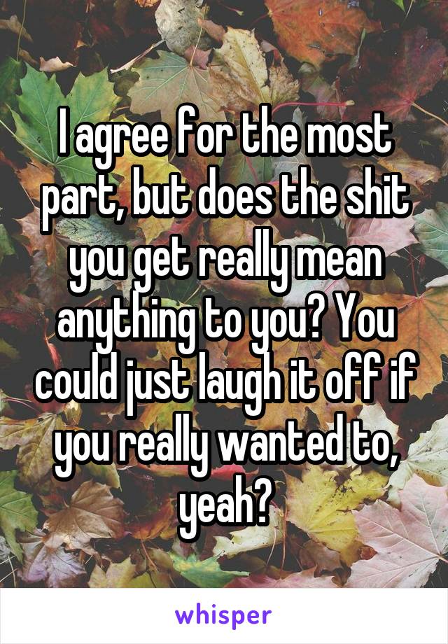 I agree for the most part, but does the shit you get really mean anything to you? You could just laugh it off if you really wanted to, yeah?