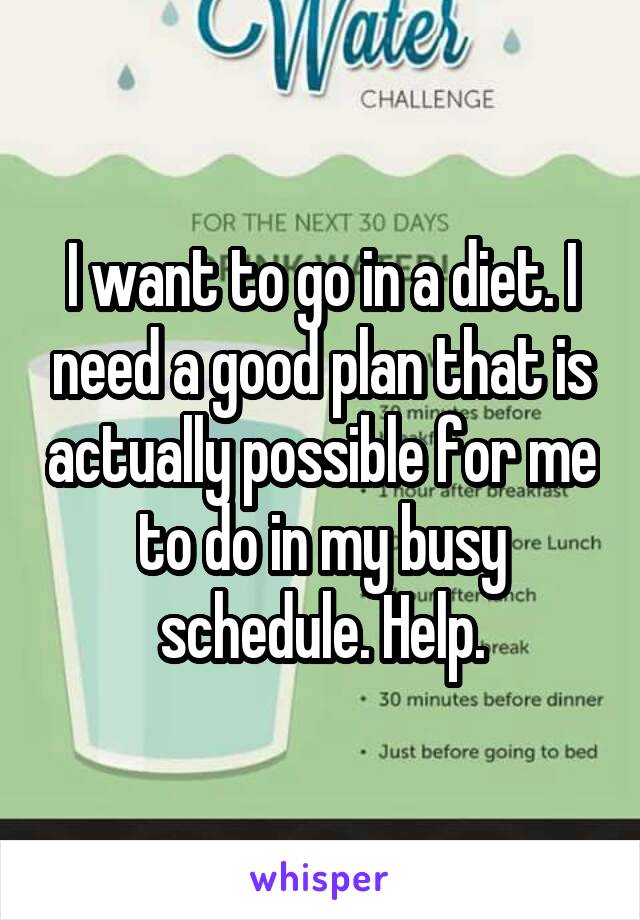 I want to go in a diet. I need a good plan that is actually possible for me to do in my busy schedule. Help.