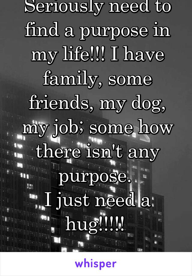 Seriously need to find a purpose in my life!!! I have family, some friends, my dog, my job; some how there isn't any purpose. 
I just need a hug!!!!! 

Lonely