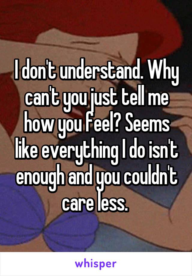 I don't understand. Why can't you just tell me how you feel? Seems like everything I do isn't enough and you couldn't care less. 