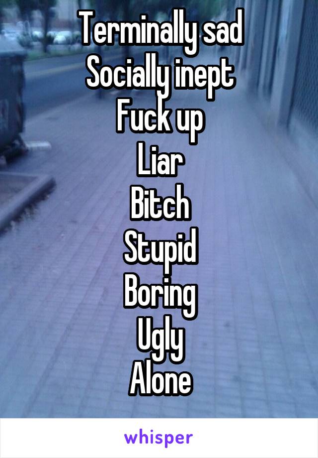 Terminally sad
Socially inept
Fuck up
Liar
Bitch
Stupid
Boring
Ugly
Alone
