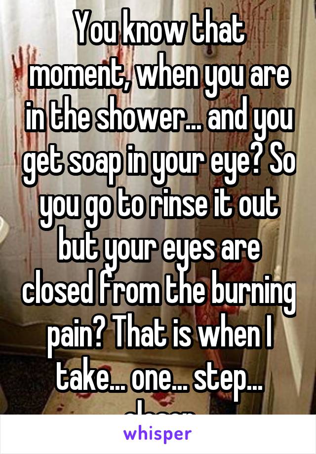 You know that moment, when you are in the shower... and you get soap in your eye? So you go to rinse it out but your eyes are closed from the burning pain? That is when I take... one... step... closer