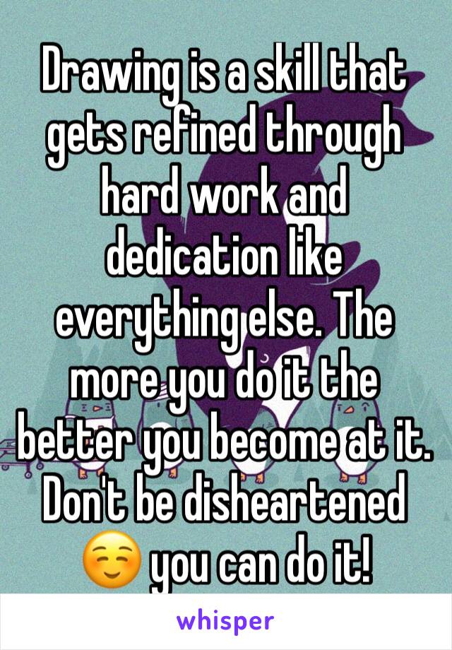 Drawing is a skill that gets refined through hard work and dedication like everything else. The more you do it the better you become at it. Don't be disheartened ☺️ you can do it!