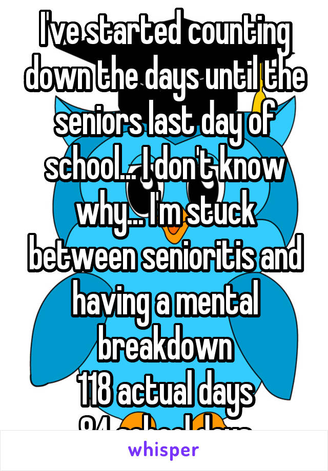 I've started counting down the days until the seniors last day of school... I don't know why... I'm stuck between senioritis and having a mental breakdown
118 actual days
84 school days