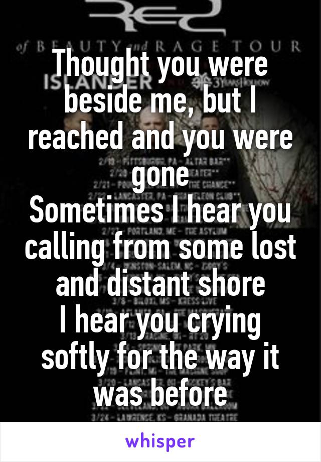 Thought you were beside me, but I reached and you were gone
Sometimes I hear you calling from some lost and distant shore
I hear you crying softly for the way it was before