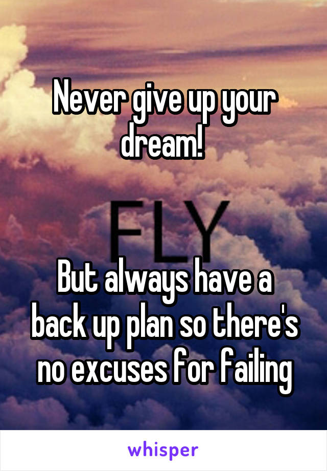 Never give up your dream! 


But always have a back up plan so there's no excuses for failing