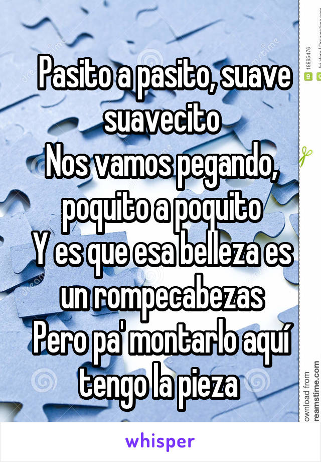  Pasito a pasito, suave suavecito
Nos vamos pegando, poquito a poquito
Y es que esa belleza es un rompecabezas
Pero pa' montarlo aquí tengo la pieza 