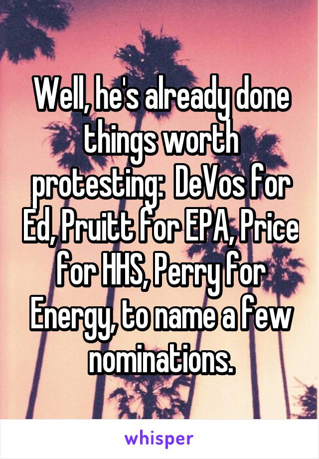 Well, he's already done things worth protesting:  DeVos for Ed, Pruitt for EPA, Price for HHS, Perry for Energy, to name a few nominations.