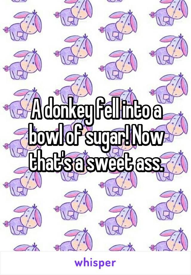 A donkey fell into a bowl of sugar! Now that's a sweet ass.