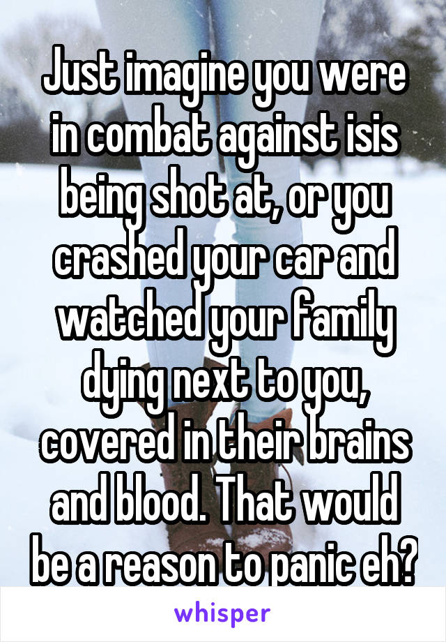 Just imagine you were in combat against isis being shot at, or you crashed your car and watched your family dying next to you, covered in their brains and blood. That would be a reason to panic eh?