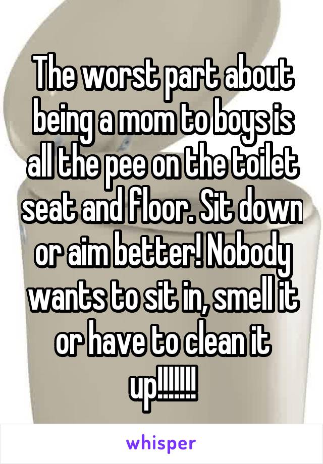 The worst part about being a mom to boys is all the pee on the toilet seat and floor. Sit down or aim better! Nobody wants to sit in, smell it or have to clean it up!!!!!!!