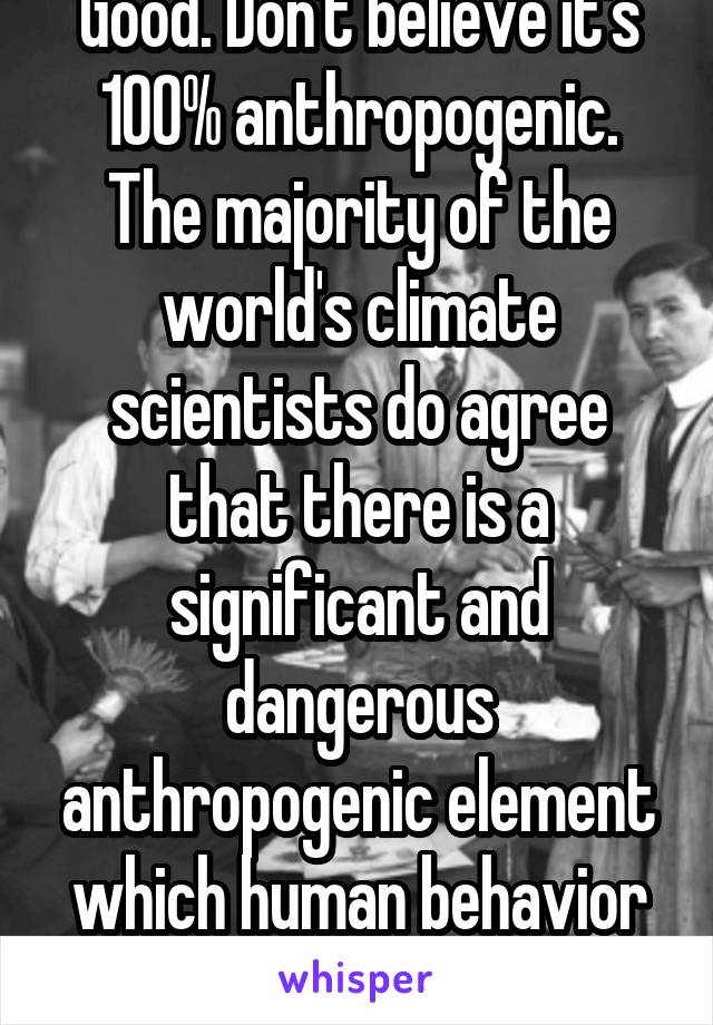 Good. Don't believe it's 100% anthropogenic. The majority of the world's climate scientists do agree that there is a significant and dangerous anthropogenic element which human behavior could mitigate