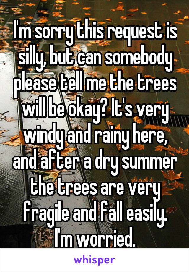 I'm sorry this request is silly, but can somebody please tell me the trees will be okay? It's very windy and rainy here, and after a dry summer the trees are very fragile and fall easily. I'm worried.