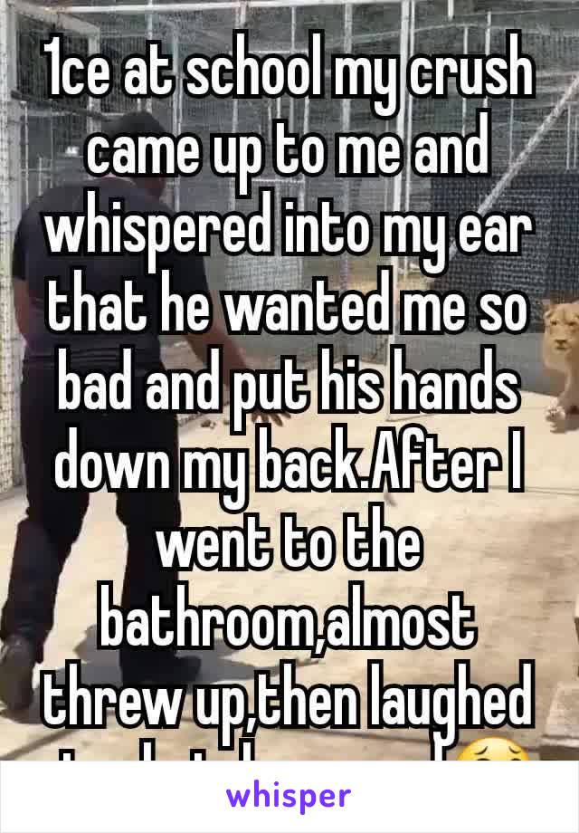 1ce at school my crush came up to me and whispered into my ear that he wanted me so bad and put his hands down my back.After I went to the bathroom,almost threw up,then laughed at what  happened😂