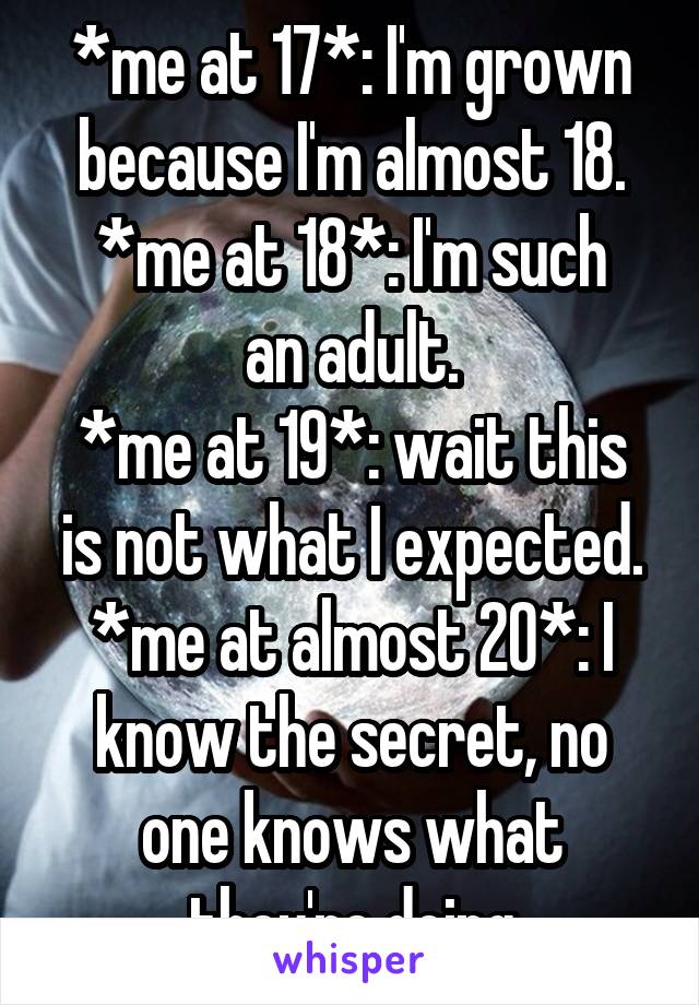 *me at 17*: I'm grown because I'm almost 18.
*me at 18*: I'm such an adult.
*me at 19*: wait this is not what I expected.
*me at almost 20*: I know the secret, no one knows what they're doing