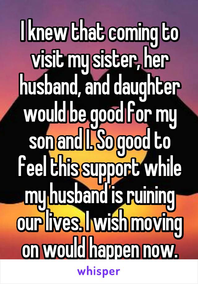 I knew that coming to visit my sister, her husband, and daughter would be good for my son and I. So good to feel this support while my husband is ruining our lives. I wish moving on would happen now.