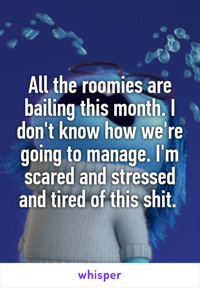 All the roomies are bailing this month. I don't know how we're going to manage. I'm scared and stressed and tired of this shit. 