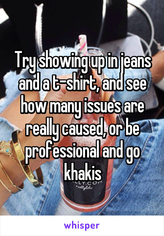 Try showing up in jeans and a t-shirt, and see how many issues are really caused, or be professional and go khakis