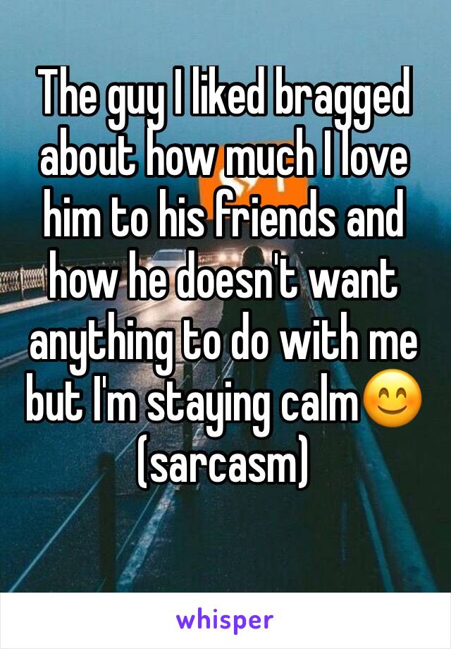 The guy I liked bragged about how much I love him to his friends and how he doesn't want anything to do with me but I'm staying calm😊 (sarcasm)