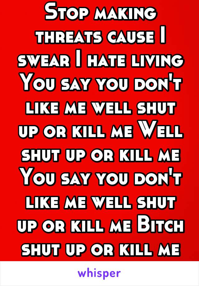 Stop making threats cause I swear I hate living You say you don't like me well shut up or kill me Well shut up or kill me You say you don't like me well shut up or kill me Bitch shut up or kill me
