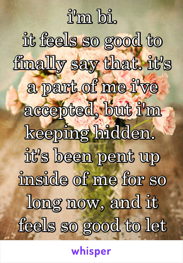 i'm bi.
it feels so good to finally say that. it's a part of me i've accepted, but i'm keeping hidden. 
it's been pent up inside of me for so long now, and it feels so good to let it out.