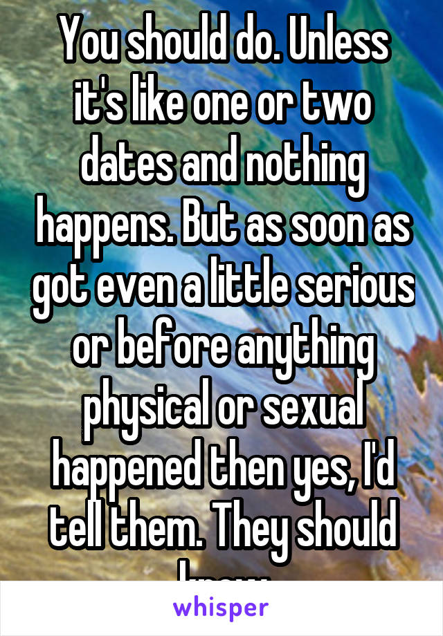 You should do. Unless it's like one or two dates and nothing happens. But as soon as got even a little serious or before anything physical or sexual happened then yes, I'd tell them. They should know